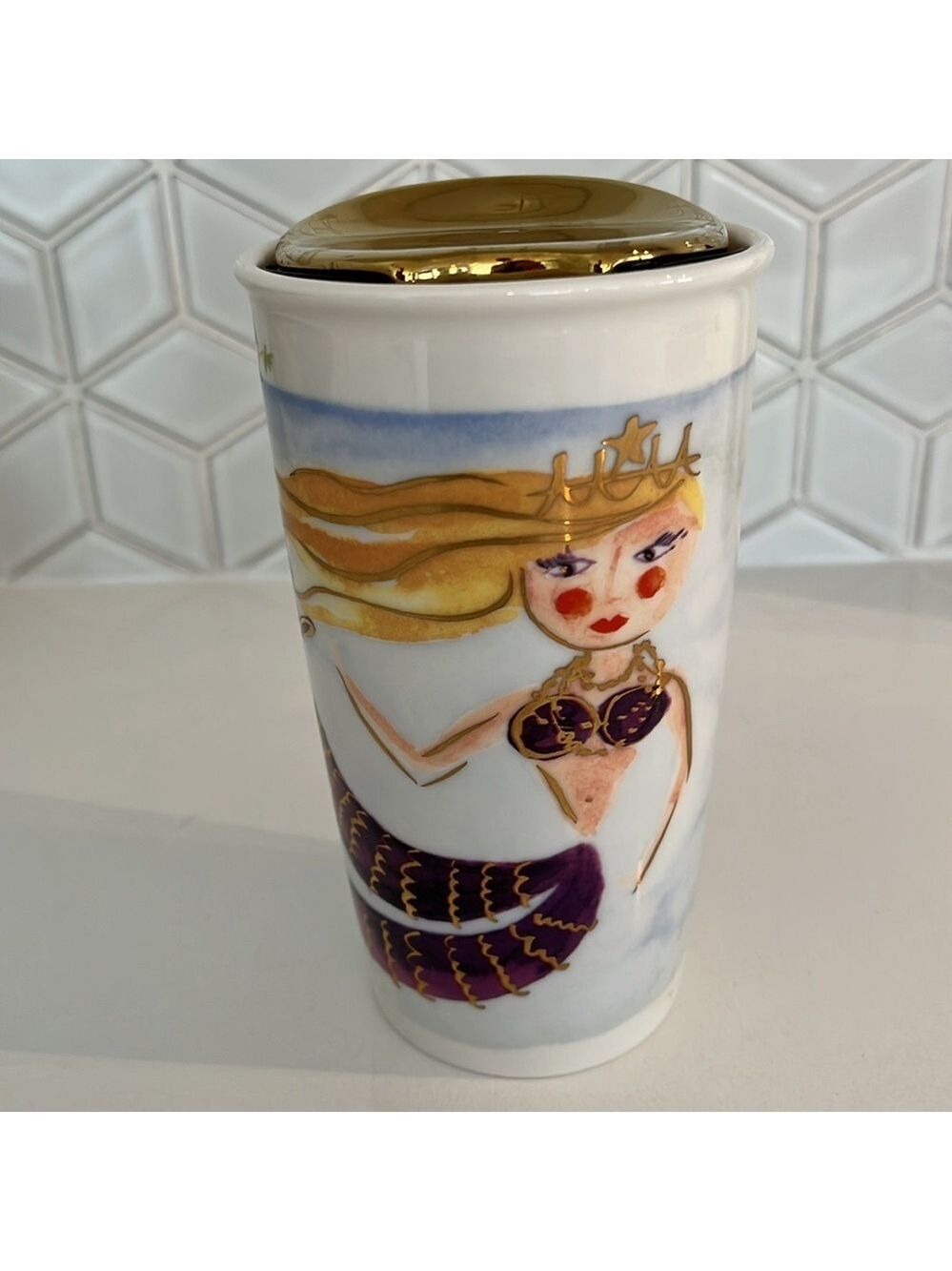 STARBUCKS Mermaid Art 2015 Ceramic Tumbler Gold Lid Sea Horse Siren 12 oz Travel
